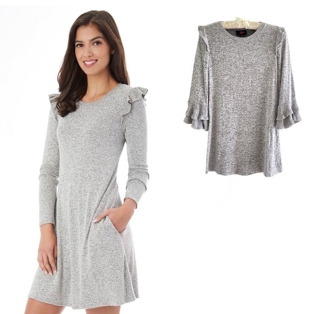 IZ Byer Heather Grey Ruffle Sweater Dress M 10/12